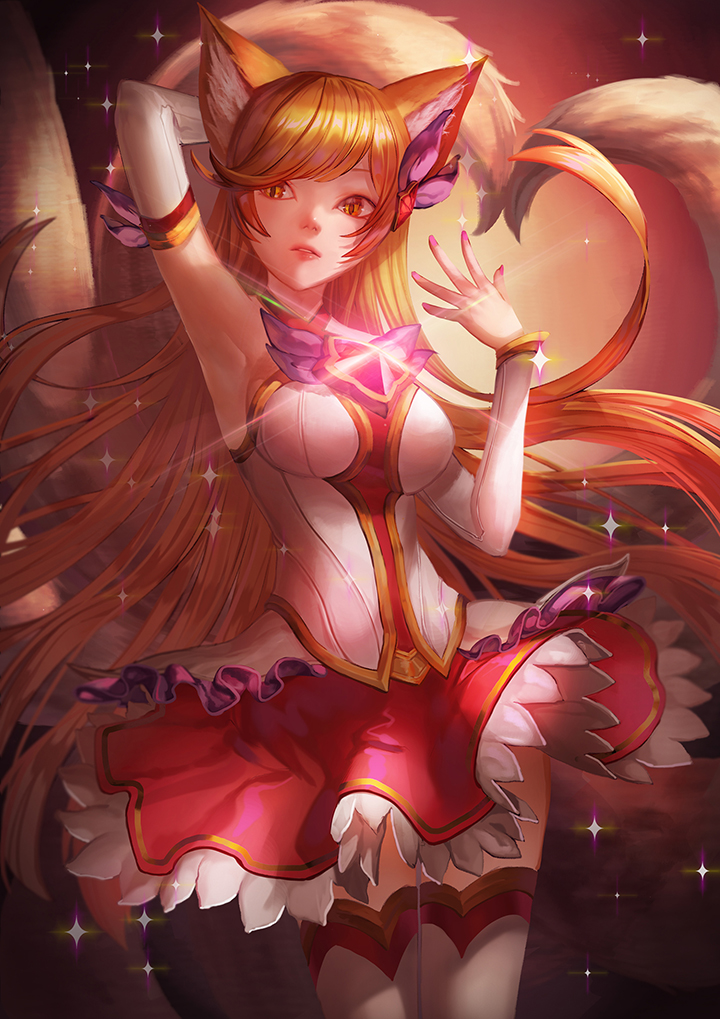 1girl ahri animal_ears arm_up armpits bangs blonde_hair breasts cowboy_shot fox_ears fox_girl fox_tail hair_ornament kyoungi_nyang league_of_legends long_hair looking_to_the_side magical_girl nail_polish parted_lips pink_lips pink_nails skirt solo sparkle star_guardian_ahri swept_bangs tail thigh-highs very_long_hair yellow_eyes zettai_ryouiki