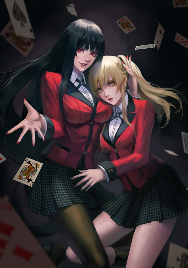 2girls bangs black_hair black_legwear black_skirt blazer blonde_hair blunt_bangs breasts card checkered checkered_skirt hime_cut jabami_yumeko jacket kakegurui kneehighs large_breasts lips long_hair looking_at_viewer miniskirt multiple_girls nail_polish pantyhose parted_lips phamoz playing_card pleated_skirt red_eyes red_jacket red_nails saotome_meari school_uniform skirt smile twintails very_long_hair