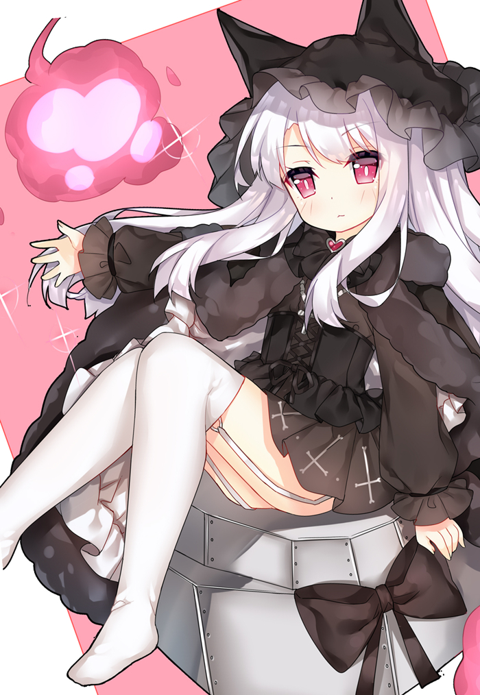 1girl animal_hat bangs bilan_hangxian black_bow black_bowtie black_cloak black_dress bow bowtie cloak closed_mouth commentary_request corset cross cross_necklace cross_print dress erebus_(bilan_hangxian) eyebrows_visible_through_hair fingernails frilled_hat frills fur-trimmed_cloak garter_straps hat head_tilt heart jewelry long_hair long_sleeves looking_at_viewer machinery necklace no_shoes outstretched_arm print_dress puffy_long_sleeves puffy_sleeves red_eyes sidelocks silver_hair sitting solo sparkle tareme tengxiang_lingnai thigh-highs white_legwear