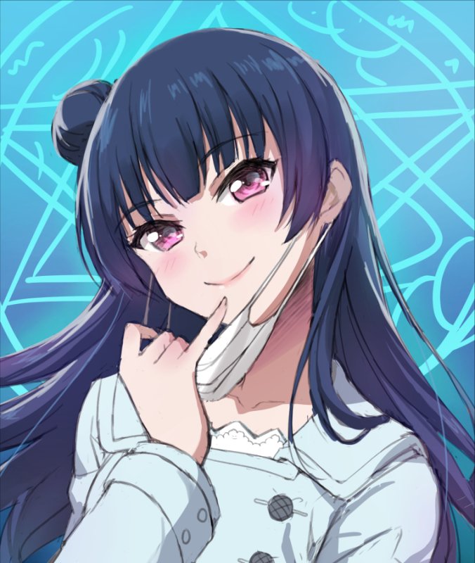 1girl bangs blue_background blue_hair blue_jacket blunt_bangs blush buttons closed_mouth collarbone commentary_request eyebrows_visible_through_hair face_mask head_tilt jacket lips long_hair long_sleeves looking_at_viewer love_live! love_live!_school_idol_project mask mask_removed pink_eyes pinky_out side_bun smile solo tonee tsushima_yoshiko