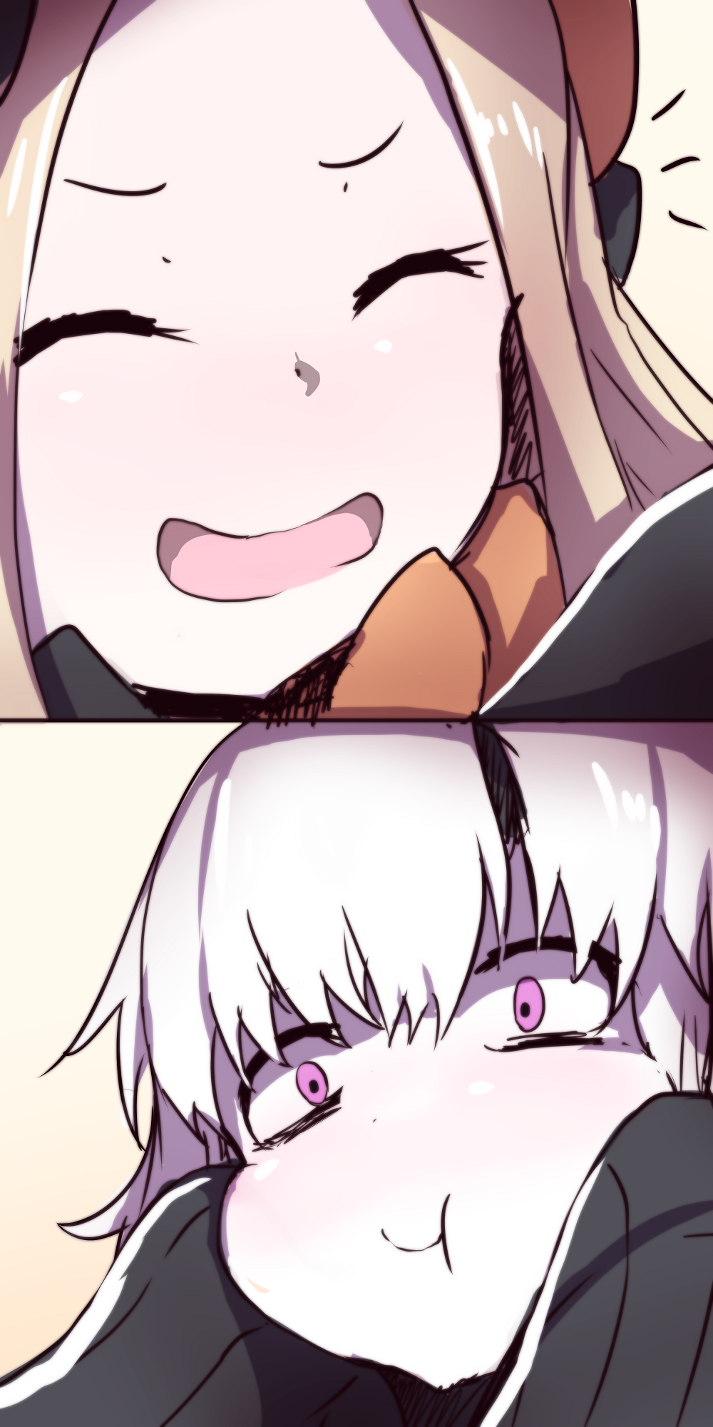 !! 2girls 2koma :d :t abigail_williams_(fate/grand_order) bangs black_bow black_dress black_hat blonde_hair blush bow cheek_squash closed_eyes closed_mouth comic dress fate/grand_order fate_(series) forehead hair_bow hat head_tilt highres horn long_hair long_sleeves looking_at_viewer multiple_girls nose_blush open_mouth orange_bow pale_skin parted_bangs pink_eyes polka_dot polka_dot_bow silent_comic sleeves_past_wrists smile v-shaped_eyebrows wadakazu white_hair