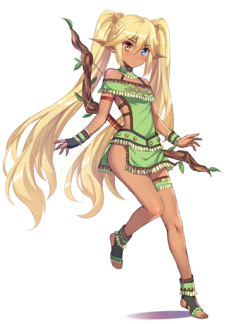 &gt;:( 1girl bangs blonde_hair blue_eyes blush bow_(weapon) breasts brown_eyes closed_mouth detached_collar dress elf eyebrows_visible_through_hair fingerless_gloves gloves green_dress hair_between_eyes heterochromia legband long_hair looking_at_viewer pointy_ears simple_background single_fingerless_glove single_glove small_breasts solo standing standing_on_one_leg toeless_legwear tonee twintails very_long_hair weapon white_background