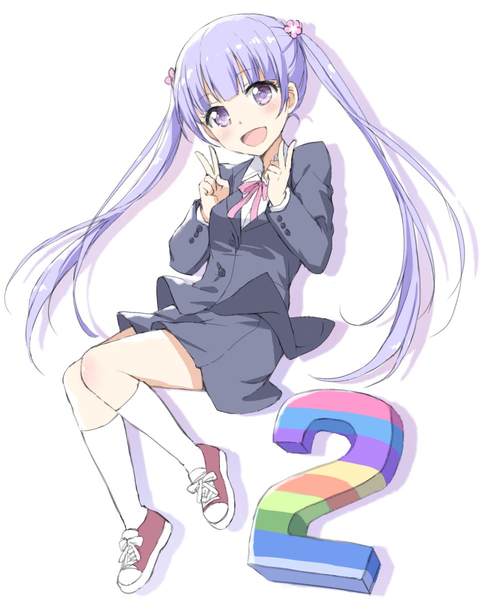 1girl :d bangs blue_hair blue_shirt blue_skirt blunt_bangs breasts business_suit commentary double_v eyebrows_visible_through_hair flower formal hair_flower hair_ornament highres jumping long_sleeves looking_at_viewer medium_breasts new_game! number open_mouth shadow shirt shoes skirt smile socks solo suit suzukaze_aoba tonee twintails v violet_eyes white_background white_legwear