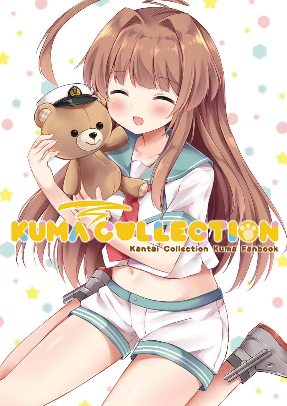 1girl ^_^ ^o^ ahoge aqua_sailor_collar brown_hair character_name closed_eyes collarbone copyright_name cover cover_page english eyebrows_visible_through_hair fang heart highres holding holding_stuffed_animal kantai_collection kuma_(kantai_collection) long_hair masayo_(gin_no_ame) midriff navel neckerchief red_neckerchief revision sailor_collar school_uniform serafuku short_sleeves shorts smile solo stuffed_animal stuffed_toy teddy_bear white_shorts