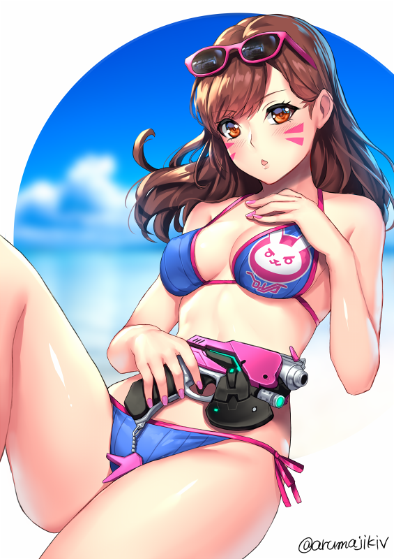 1girl aruma_jiki bikini blue_bikini blue_sky blush breasts brown_eyes brown_hair clouds commentary_request cute d.va_(overwatch) day eyebrows_visible_through_hair facial_mark gun hand_on_own_chest handgun holding holding_gun holding_weapon long_hair looking_at_viewer medium_breasts moe nail_polish open_mouth outside_border overwatch pink-framed_eyewear pink_nails pistol sky solo sunglasses sunglasses_on_head swimsuit weapon wind