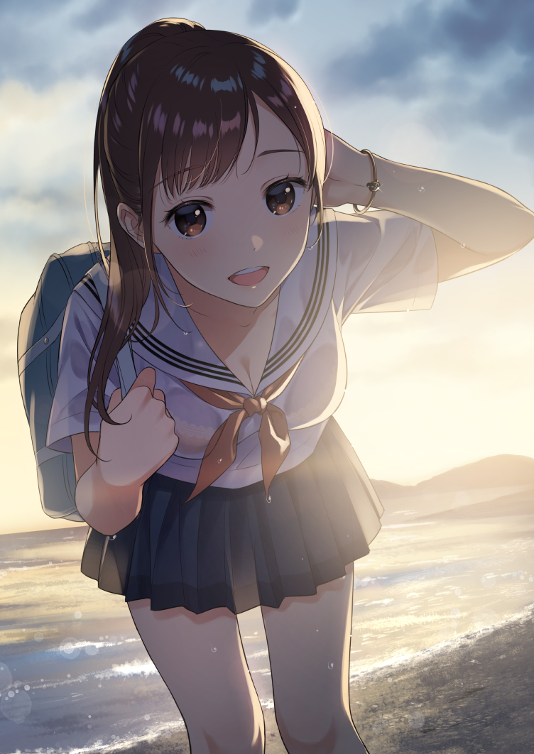 1girl :d backlighting bag bangs black_skirt blouse blush bra bra_through_clothes bracelet breasts brown_eyes brown_hair cleavage commentary downblouse evening eyebrows_visible_through_hair frilled_bra frills hand_in_hair hand_up holding_bag horizon jewelry leaning_forward long_hair looking_at_viewer medium_breasts morikura_en neckerchief open_mouth original outdoors pleated_skirt ponytail revision round_teeth school_bag school_uniform see-through serafuku short_sleeves shoulder_bag sidelocks skirt sky smile solo standing teeth thighs underwear wet wet_clothes white_blouse