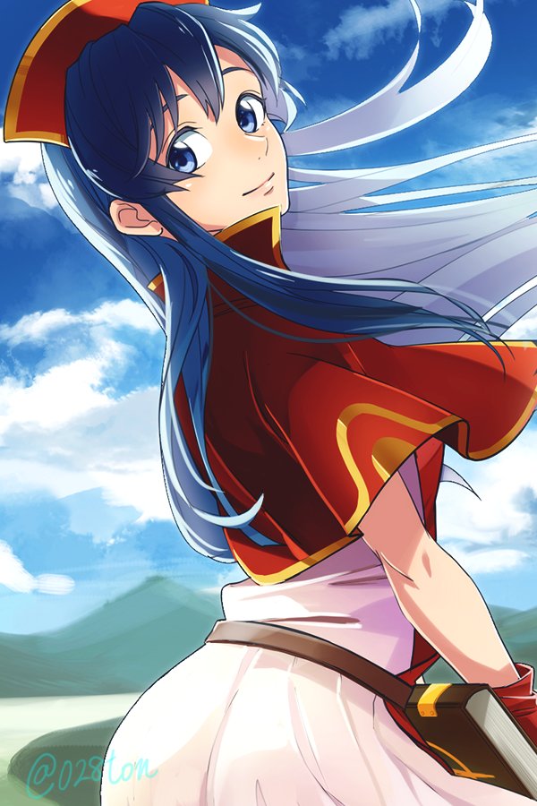 1girl blue_eyes blue_hair cape dress fire_emblem fire_emblem:_fuuin_no_tsurugi hat lilina long_hair looking_at_viewer simple_background sky smile solo