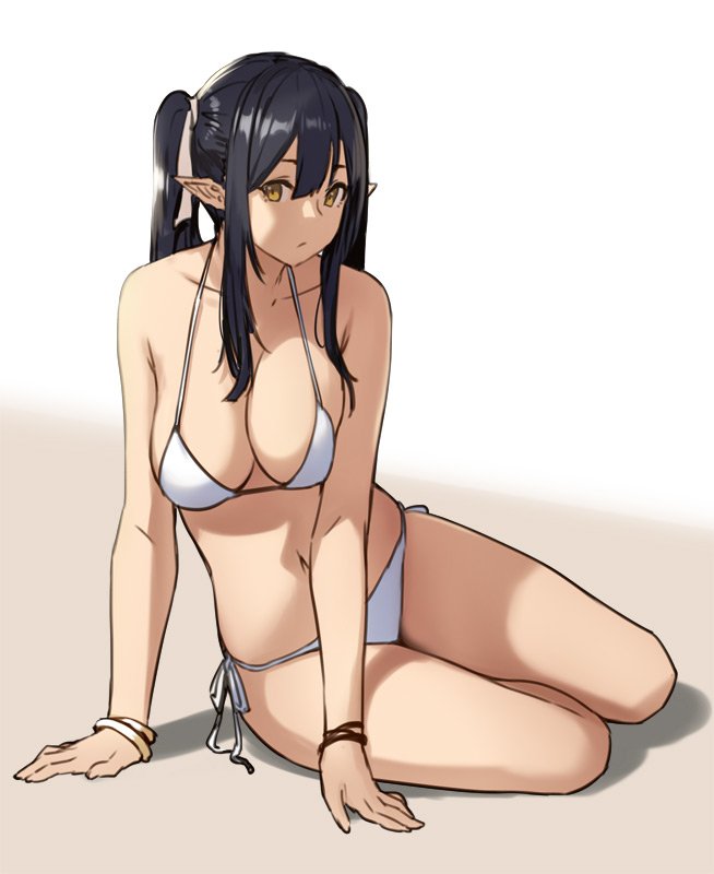 1girl arm_support bikini black_hair breasts brown_eyes cleavage elf_(houtengeki) gradient gradient_background halterneck houtengeki large_breasts naevl navel original pointy_ears side-tie_bikini sidelocks simple_background sitting solo swimsuit twintails white_bikini wristband yokozuwari