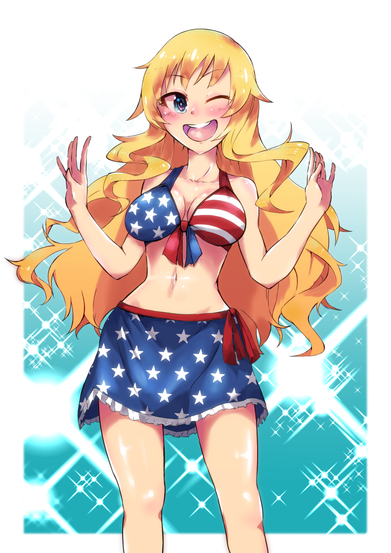 1girl :d american_flag_bikini bikini bikini_skirt blonde_hair blue_eyes breasts flag_print front-tie_bikini front-tie_top graphite_(medium) hair_down idolmaster idolmaster_cinderella_girls long_hair medium_breasts navel one_eye_closed ootsuki_yui open_mouth shiny shiny_skin smile solo sparkle_background swimsuit traditional_media very_long_hair yoshio_(sueyosie)