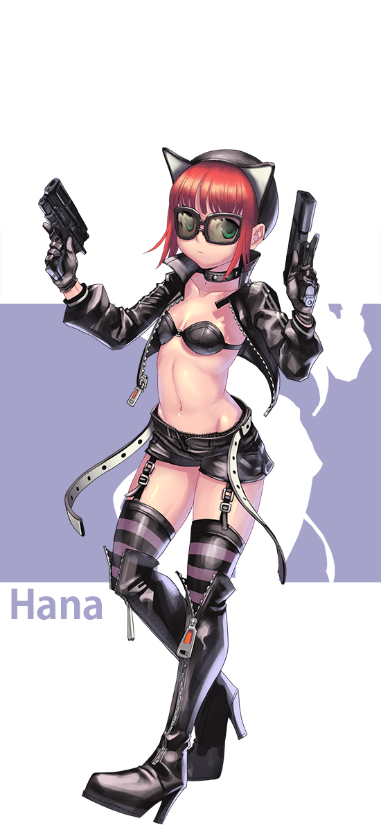 1girl animal_hat belt black_bikini_top black_boots black_gloves black_shorts boots breasts cat_hat character_name choker closed_mouth cropped_jacket dual_wielding frown full_body garter_straps gloves groin gun hana_(pangya) handgun hat high_heels highres holding holding_gun holding_weapon jacket kamdia knee_boots leather leather_boots leather_gloves leather_jacket navel open_clothes open_jacket orange_hair pangya pistol platform_footwear short_hair short_shorts shorts silhouette small_breasts solo standing striped striped_legwear thigh-highs trigger_discipline weapon zipper