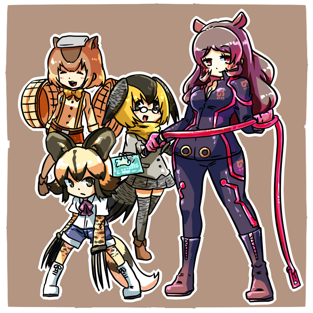 4girls african_wild_dog_(kemono_friends) animal_ears black_hair blonde_hair bodysuit campo_flicker_(kemono_friends) capybara_(kemono_friends) capybara_ears closed_eyes glasses gloves head_wings hippopotamus_(kemono_friends) hippopotamus_ears ikiume kemono_friends long_hair multicolored_hair multiple_girls open_mouth short_hair tail two-tone_hair whip