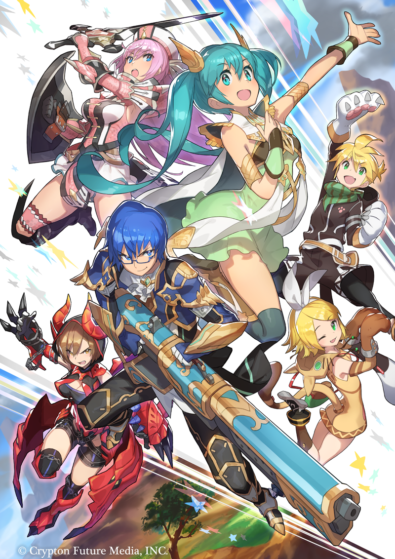 2boys 4girls :d ahoge aqua_eyes aqua_hair armor bare_shoulders blonde_hair blush claws closed_mouth commentary_request crossover d:&lt; eyebrows_visible_through_hair fang glasses gloves gun hair_between_eyes hatsune_miku holding holding_gun holding_sword holding_weapon hood hood_down horns kagamine_len kagamine_rin kaito looking_at_viewer megurine_luka meiko monster_hunter multiple_boys multiple_girls one_eye_closed open_mouth outstretched_arms paw_pose paws pink_hair saitou_naoki shield smile sword twintails vocaloid watermark weapon