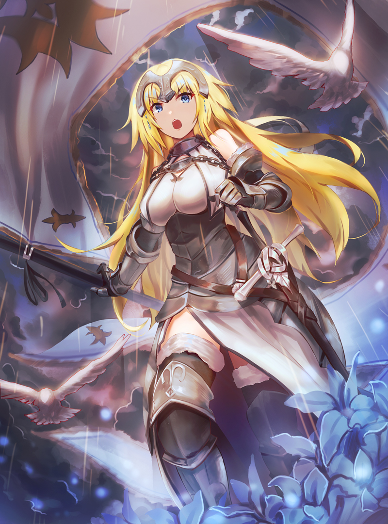 1girl armor armored_dress bare_shoulders bird blonde_hair blue_eyes breasts chains clouds cloudy_sky commentary_request eyebrows_visible_through_hair fate_(series) faulds flag flower fur_trim gauntlets greaves headpiece kakumayu large_breasts light_rays looking_at_viewer open_mouth revision ruler_(fate/apocrypha) sky sleeveless solo sunbeam sunlight sword teeth thigh-highs walking weapon