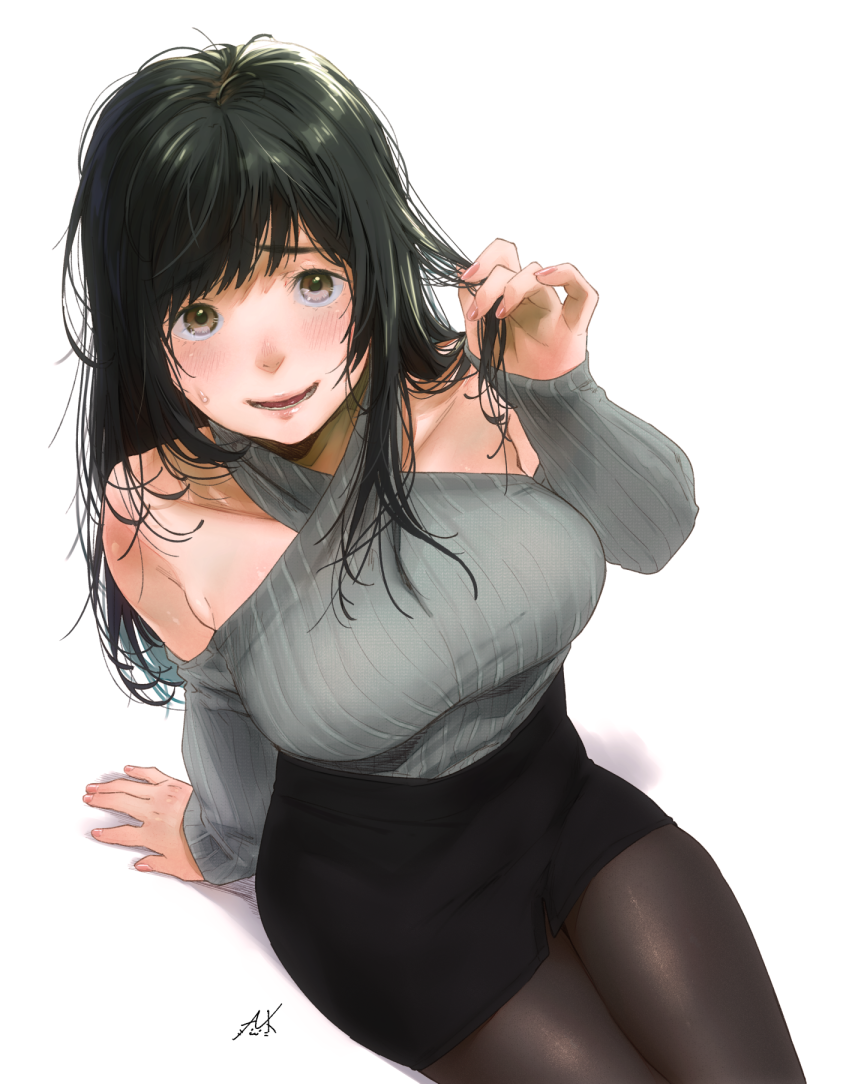 1girl arm_support artist_name bare_shoulders black_hair black_legwear blush breasts brown_eyes collarbone criss-cross_halter from_above halter_top halterneck holding holding_hair kamiyama_aya large_breasts long_hair long_sleeves looking_at_viewer looking_up nervous original pantyhose pencil_skirt playing_with_own_hair revision ribbed_sweater signature simple_background sitting skirt sleeves_past_wrists smile solo sweatdrop sweater teasing white_background