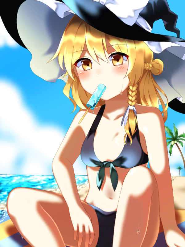 1girl beach bikini blonde_hair blush braid breasts collarbone commentary eating food footprints french_braid front-tie_bikini front-tie_top hand_on_thigh hat kirisame_marisa long_hair looking_at_viewer mouth_hold navel palm_tree popsicle seaside side_braid single_braid sitting small_breasts solo swimsuit touhou tree witch_hat yellow_eyes yururi_nano