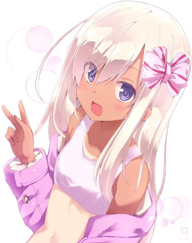 1girl :d blue_eyes blush commentary eyebrows_visible_through_hair hair_ribbon jacket kantai_collection long_hair long_sleeves navel nontraditional_school_swimsuit one-piece_tan open_mouth pink_jacket ribbon rioshi ro-500_(kantai_collection) school_swimsuit smile solo swimsuit swimsuit_under_clothes tan tanline upper_body v white_school_swimsuit white_swimsuit