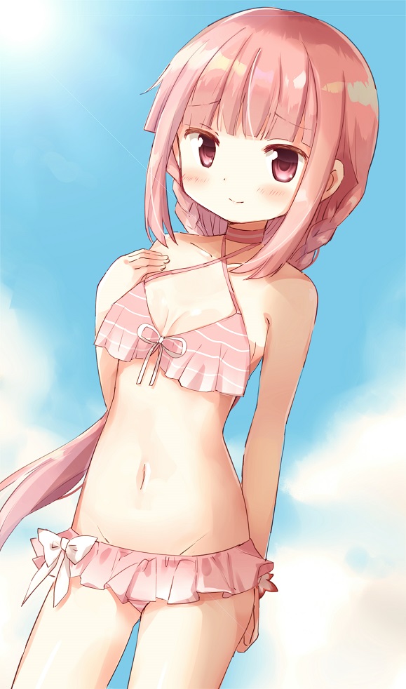 1girl bangs bikini blunt_bangs braid breasts cleavage cowboy_shot frilled_bikini frills hand_on_own_chest light_smile long_hair magia_record:_mahou_shoujo_madoka_magica_gaiden mahou_shoujo_madoka_magica midriff navel pink_eyes pink_hair sidelocks small_breasts solo swimsuit tamaki_iroha tsubaki_(tatajd) very_long_hair