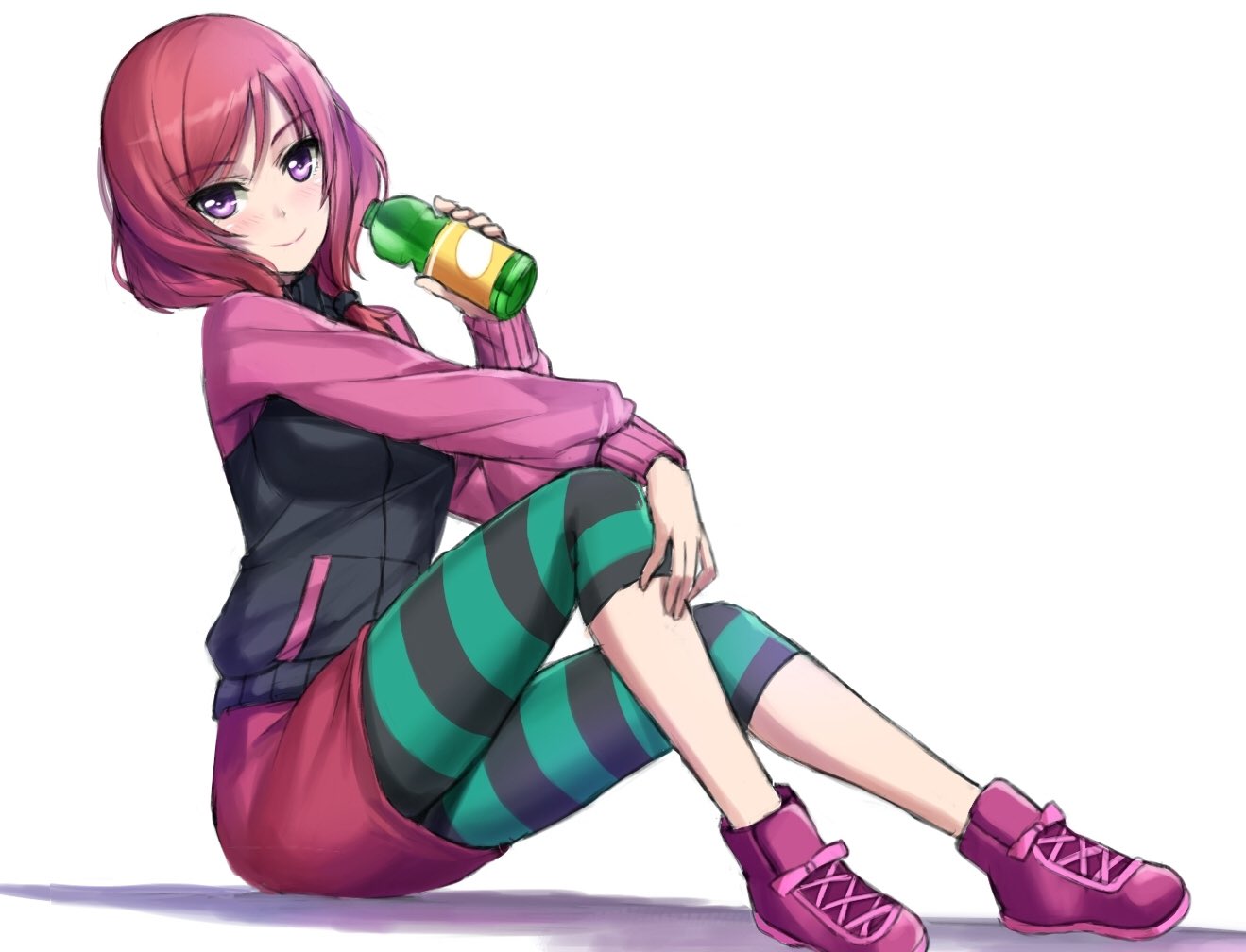 1girl black_jacket blush bottle closed_mouth commentary_request eyebrows_visible_through_hair green_pants holding holding_bottle jacket long_sleeves looking_at_viewer love_live! medium_hair nishikino_maki pants pink_jacket pink_shoes pink_skirt redhead shadow shoes simple_background sitting skirt smile solo striped striped_pants tonee violet_eyes white_background