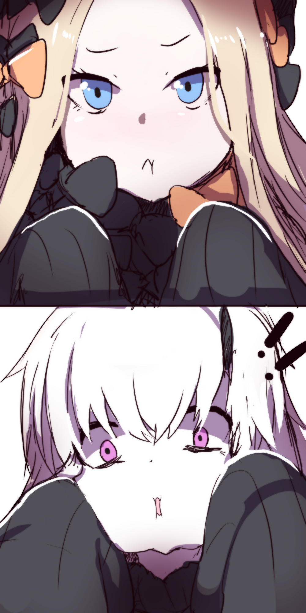!! 2girls 2koma abigail_williams_(fate/grand_order) bangs black_bow black_dress black_hat blonde_hair blue_eyes blush bow cheek_squash comic dress eye_contact fate/grand_order fate_(series) flying_sweatdrops forehead hair_bow hat head_tilt highres horn long_hair long_sleeves looking_at_another looking_at_viewer multiple_girls nose_blush orange_bow pale_skin parted_bangs parted_lips pink_eyes polka_dot polka_dot_bow silent_comic sleeves_past_wrists v-shaped_eyebrows wadakazu wavy_mouth white_hair