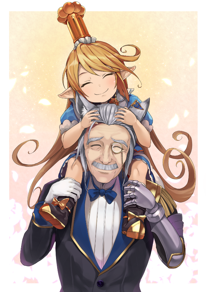 1boy 1girl ^_^ animal_ears black_boots blonde_hair blue_bow blush boots bow bowtie charlotta_(granblue_fantasy) closed_eyes commentary_request crown facial_hair gauntlets granblue_fantasy hinami_(hinatamizu) long_hair monocle mustache pointy_ears revision sevastian_(granblue_fantasy) silver_hair sitting_on_shoulder smile very_long_hair