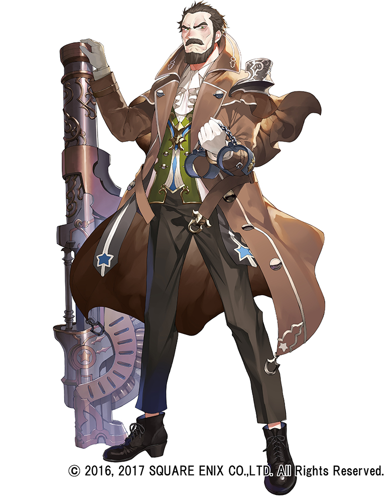 1boy beard brown_coat brown_eyes brown_hair brown_shoes cannon clenched_hand coat commentary_request cuffs facial_hair frown full_body gloves grey_pants grimms_notes handcuffs holding holding_weapon justin_ganimard long_sleeves looking_at_viewer male_focus matsui_hiroaki mustache official_art pants shoes simple_background solo standing watermark weapon white_background white_gloves