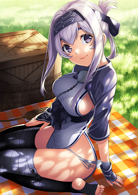 1girl ainu_clothes bandanna basket black_legwear blanket blush breasts checkered_blanket commentary_request day feet folded_ponytail grass headband kamoi_(kantai_collection) kantai_collection kyon_(fuuran) large_breasts lips long_hair long_sleeves looking_at_viewer no_shoes outdoors panties picnic_basket shade side-tie_panties sideboob sidelocks sitting smile solo thick_eyebrows thigh-highs toeless_legwear toes underwear violet_eyes wariza white_hair white_panties wrist_guards