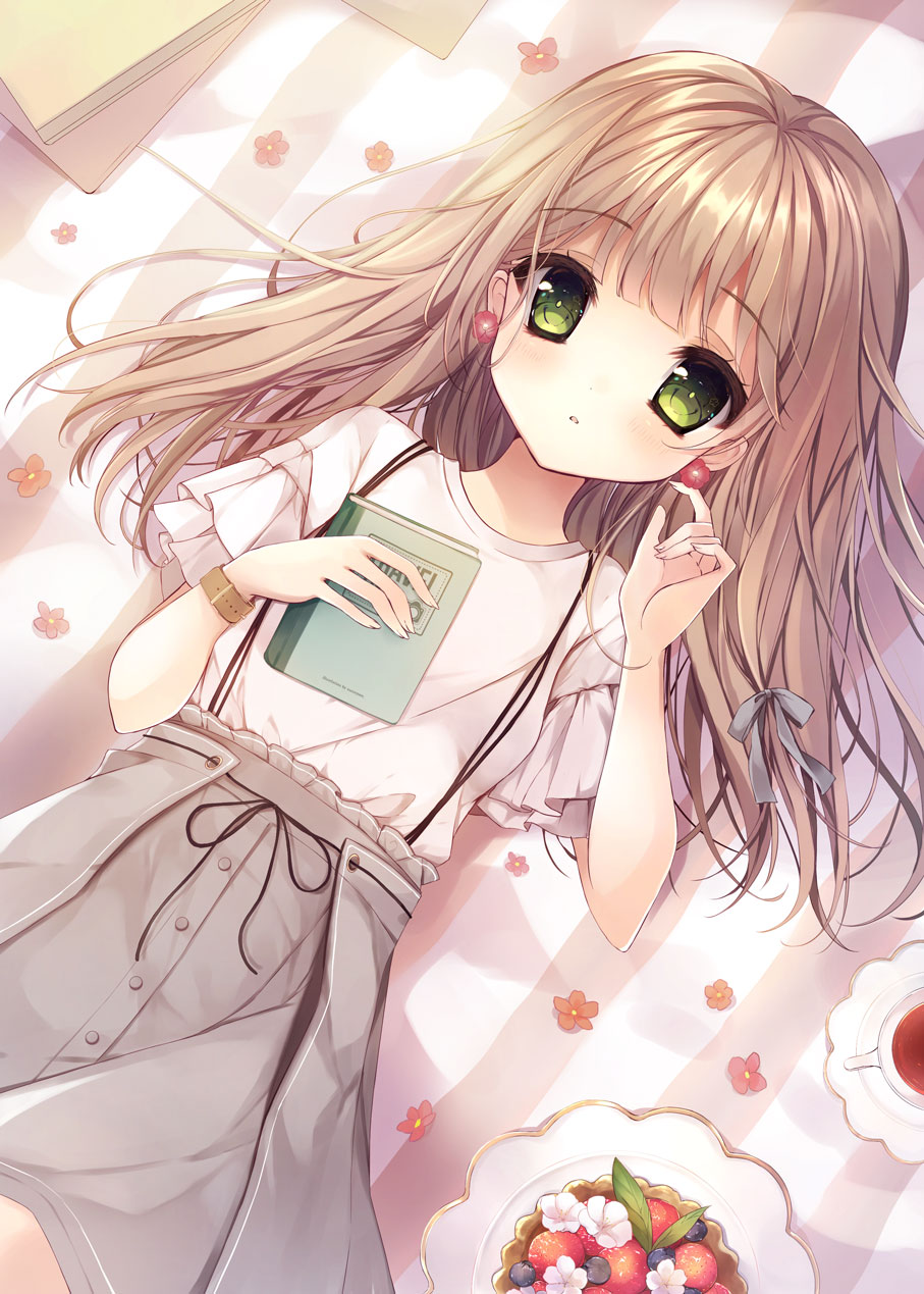 1girl :o bangs blonde_hair blueberry book cup earrings eyebrows_visible_through_hair flower flower_earrings food frilled_sleeves frills from_above fruit green_eyes hair_ribbon highres holding holding_book jewelry long_hair looking_at_viewer lying on_back original parted_lips ribbon shiyu_(sweet_dream) short_sleeves skirt solo strawberry striped tea teacup vertical_stripes wristband