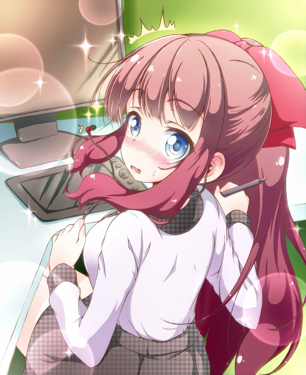 1girl banderasu blue_eyes blush bow brown_hair earphones eyebrows_visible_through_hair from_behind grey_skirt hair_bow highres holding holding_pen long_hair looking_at_viewer looking_back miniskirt new_game! open_mouth ponytail red_bow shirt sitting skirt solo sparkle sweatdrop takimoto_hifumi white_shirt