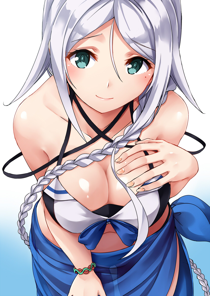 1girl adapted_costume bikini blue_eyes braid breasts fingernails gradient gradient_background highres kamelie kantai_collection large_breasts long_hair mole mole_under_eye silver_hair single_braid smile solo swimsuit umikaze_(kantai_collection) very_long_hair