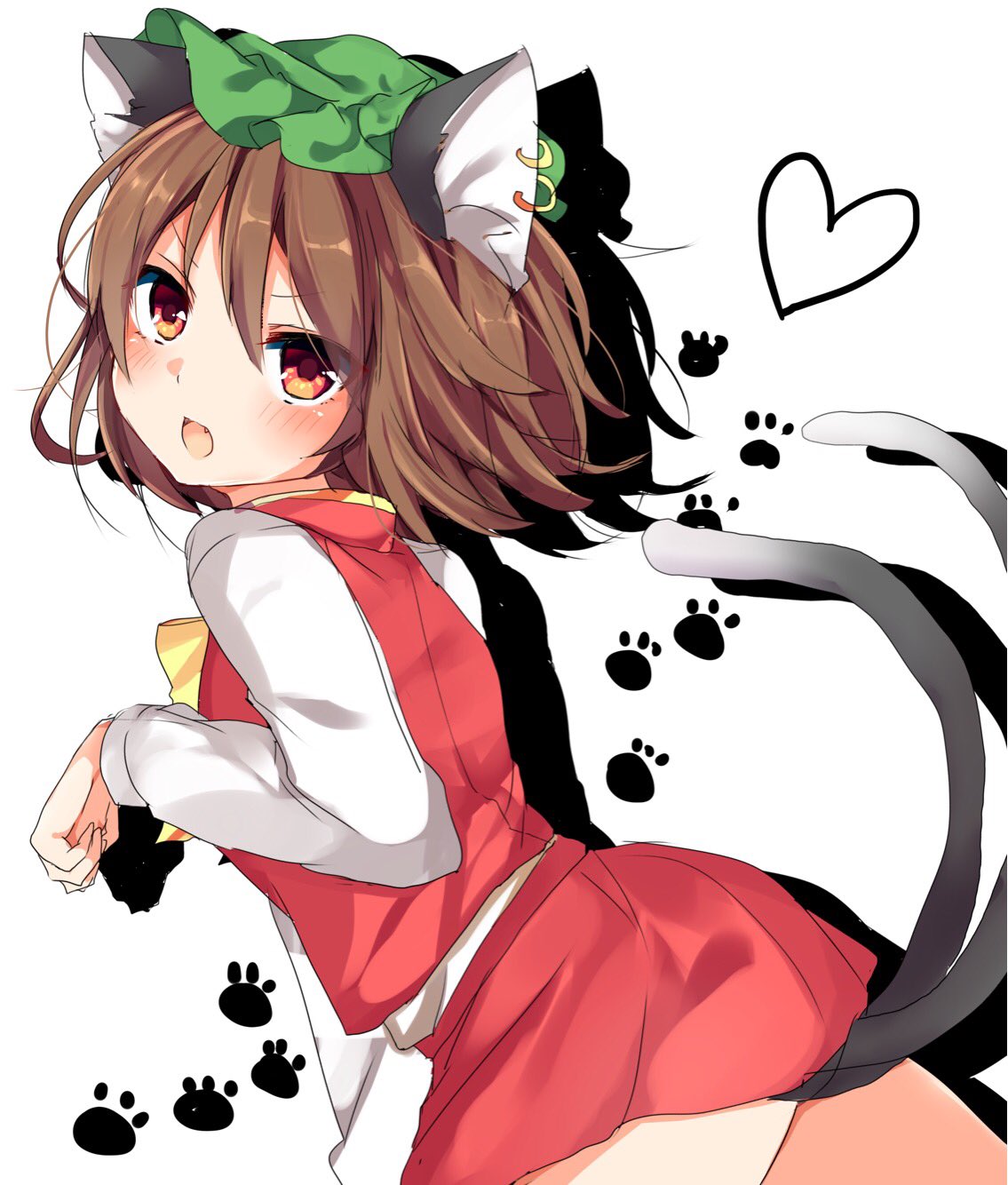 &gt;:o 1girl :o animal_ears bangs blush brown_eyes brown_hair cat_ears cat_tail chen cowboy_shot earrings eyebrows_visible_through_hair fang from_side green_hat hair_between_eyes hat heart highres jewelry karasusou_nano long_sleeves looking_at_viewer mob_cap multiple_tails open_mouth paw_print red_skirt short_hair simple_background skirt skirt_set solo tail touhou white_background