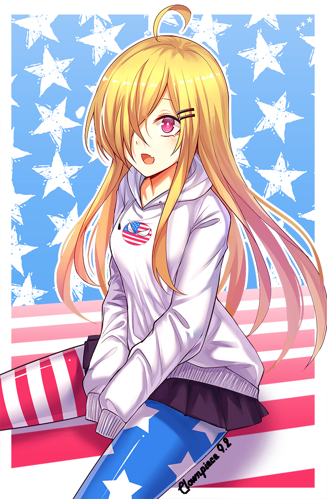 1girl :d ahoge alternate_costume american_flag american_flag_legwear black_skirt blonde_hair blush breasts character_name clownpiece commentary_request dated drawstring hair_ornament hair_over_one_eye hairclip hands_in_sleeves hood hood_down koissa legs_apart long_hair long_sleeves medium_breasts miniskirt open_mouth pantyhose pink_eyes sidelocks sitting skirt sleeves_past_wrists smile solo star star_print straight_hair striped sweater touhou white_sweater