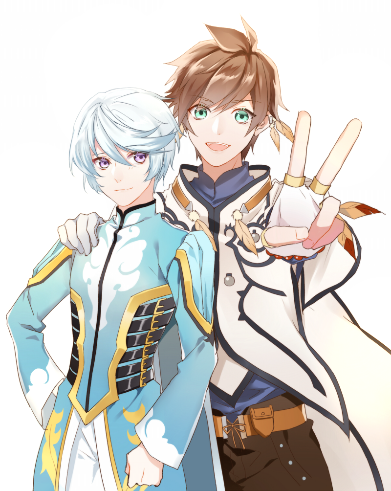2boys :d blue_shirt brown_hair brown_pants earrings eyebrows_visible_through_hair gloves green_eyes hair_between_eyes hand_on_another's_shoulder hand_on_hip jewelry looking_at_viewer mibu_(1064493753) mikleo_(tales) multiple_boys open_mouth pants shirt silver_hair simple_background smile sorey_(tales) standing tales_of_(series) tales_of_zestiria v violet_eyes white_background white_gloves white_pants