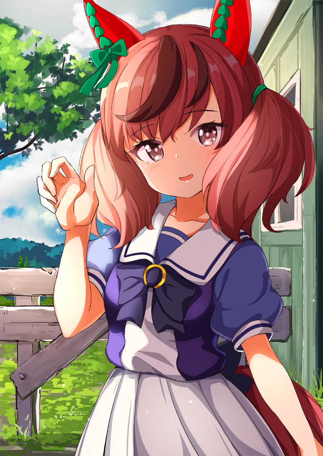 1girl ame. animal_ears black_bow blue_sky bow brown_eyes brown_hair building clouds cloudy_sky commentary_request day fence hand_up highres horse_ears horse_girl horse_tail looking_at_viewer multicolored_hair nice_nature_(umamusume) outdoors parted_lips pleated_skirt puffy_short_sleeves puffy_sleeves purple_shirt school_uniform shirt short_sleeves skirt sky smile solo streaked_hair tail tracen_school_uniform tree twintails umamusume white_skirt window