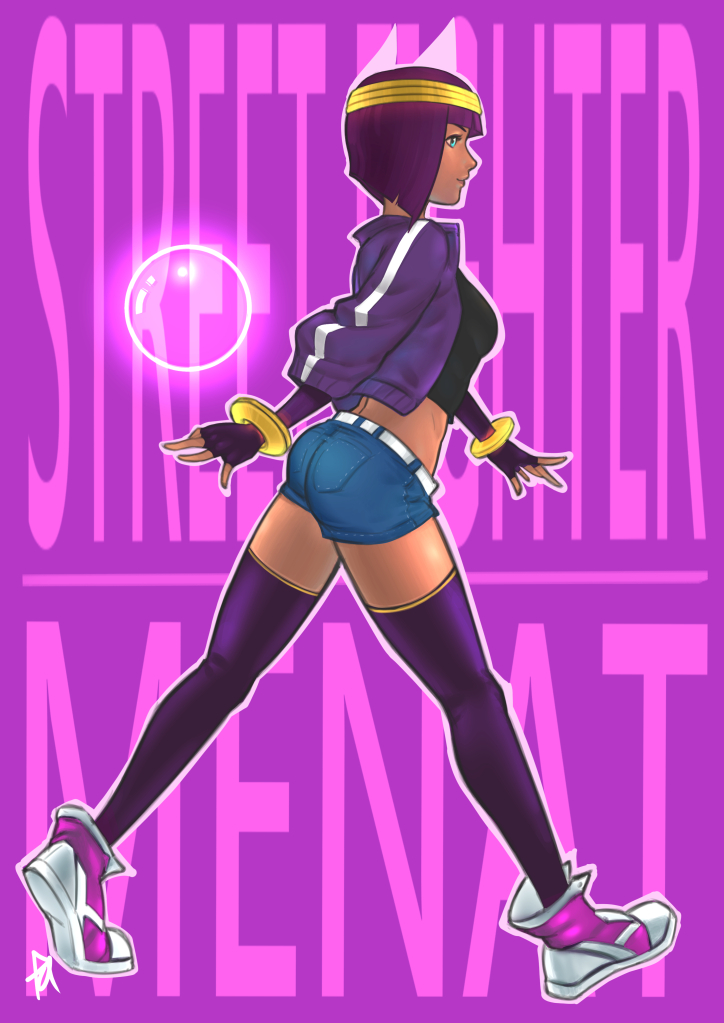 1girl bangs black_legwear blue_eyes blunt_bangs bob_cut bracelet breasts casual character_name copyright_name crop_top dark_skin denim denim_shorts elbow_gloves fingerless_gloves gloves jacket jewelry menat midriff orb purple_gloves purple_hair purple_legwear rat1989 shoes short_hair short_shorts shorts small_breasts sneakers solo street_fighter street_fighter_v thigh-highs tiara track_jacket walking zettai_ryouiki