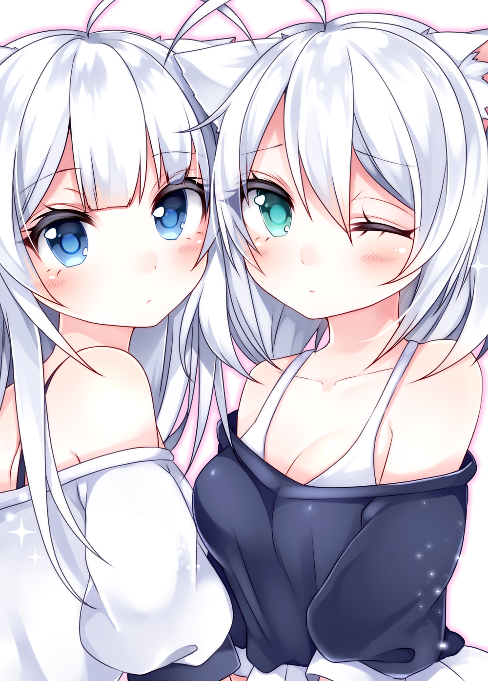 2girls ahoge animal_ears blue_eyes blush breasts cat_ears cleavage eyebrows_visible_through_hair green_eyes highres looking_at_viewer medium_breasts multiple_girls one_eye_closed original short_hair upper_body wakatsuki_you white_hair