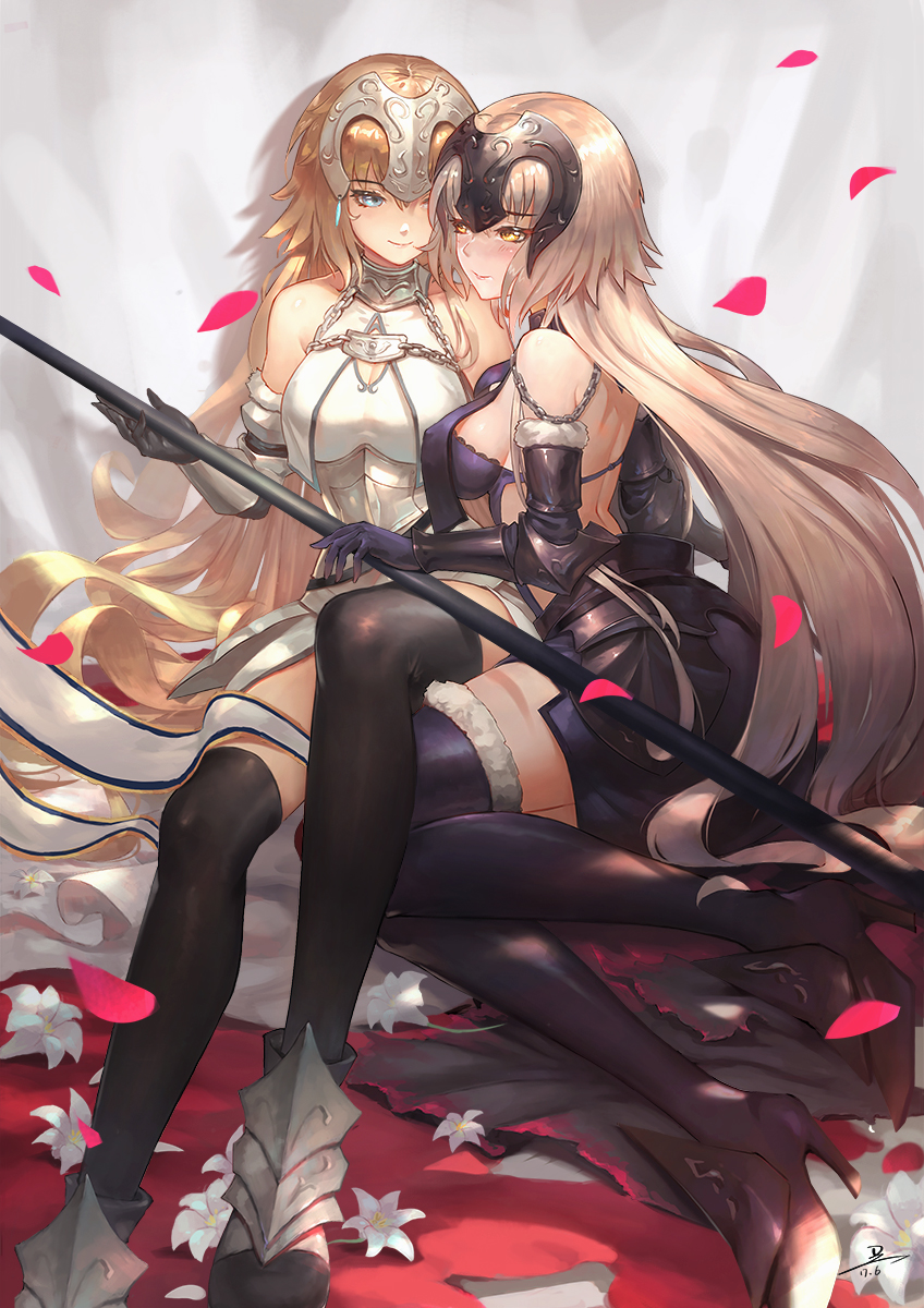 2girls arm_support bare_shoulders blonde_hair blue_eyes chains collar cowter duan_henglong elbow_gloves erect_nipples fate/grand_order fate_(series) fur_trim gloves headpiece high_heels highres jeanne_alter long_hair lying multiple_girls on_side petals plackart revision ruler_(fate/apocrypha) sitting smile standard_bearer thigh-highs vambraces yellow_eyes