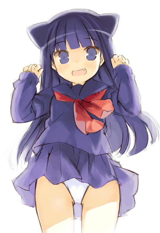 1girl animal_ears bangs blue_eyes blue_hair blue_skirt blunt_bangs cat_ears cowboy_shot eyebrows_visible_through_hair fang hands_up kurasuke long_hair long_sleeves looking_at_viewer neckerchief open_mouth panties pleated_skirt red_neckerchief school_uniform serafuku simple_background skirt smile solo thighs underwear upskirt white_background white_panties