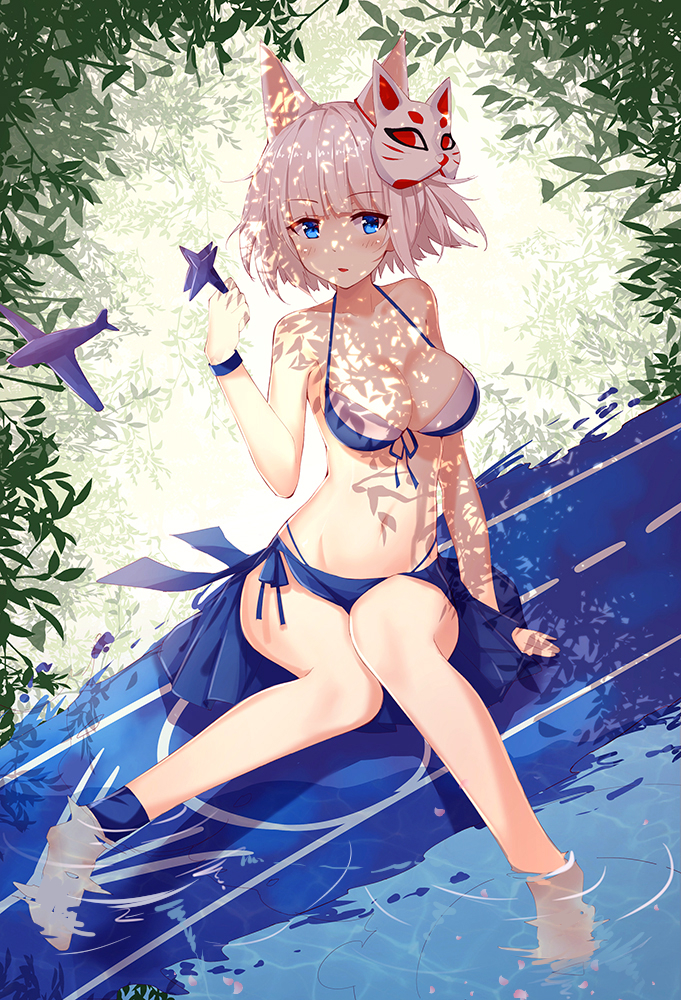 1girl animal_ears ankle_ribbon azur_lane bamboo bangs barefoot bikini bilan_hangxian blue_bikini blue_eyes breasts byakuya_reki cleavage eyebrows_visible_through_hair fox_ears fox_mask groin halterneck holding holding_weapon kaga_(bilan_hangxian) knees_together_feet_apart large_breasts leaf looking_at_viewer mask mask_on_head navel parted_lips revision ribbon sarong short_hair shuriken sitting soaking_feet solo swimsuit water weapon white_hair wristband