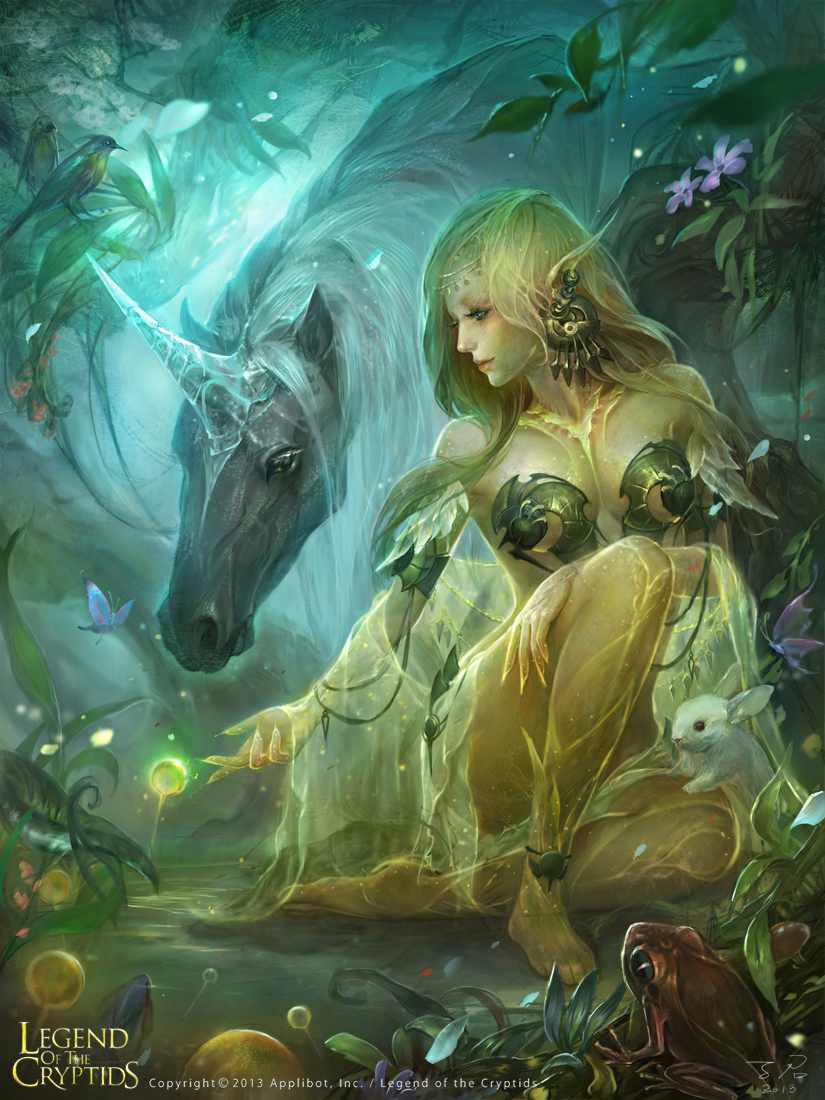 1girl animal bare_shoulders barefoot bird blonde_hair blue_eyes breasts butterfly closed_mouth collarbone earrings elf flower frog green_hair horn jewelry legend_of_the_cryptids long_hair looking_away nature outdoors pointy_ears profile rabbit reaching see-through sitting small_breasts solo unicorn zinnadu