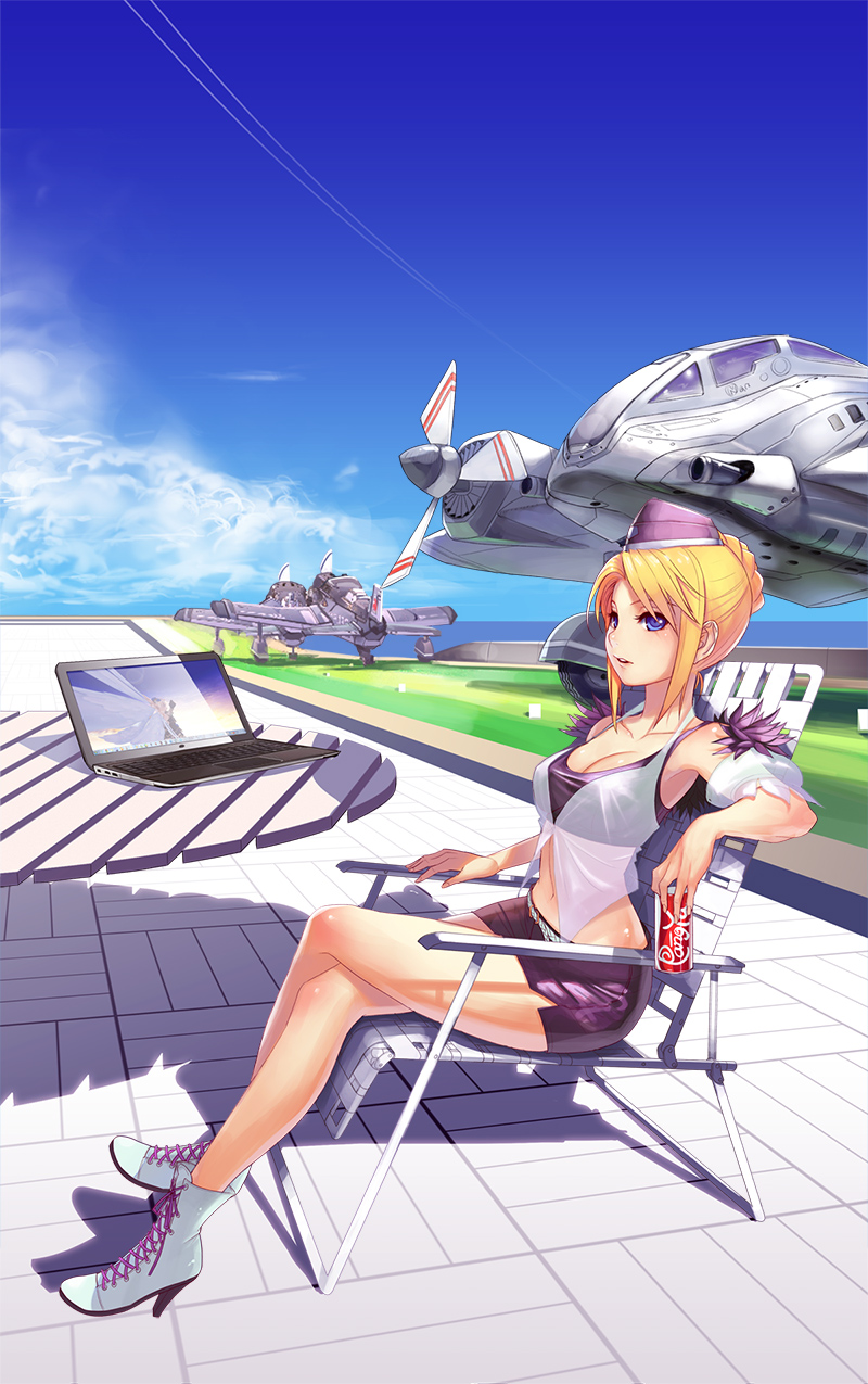 1girl aircraft airplane belt blonde_hair blue_eyes blush boots breasts can cecilia_(pangya) chair clouds collarbone computer condensation_trail cross-laced_footwear day detached_sleeves fighter_jet from_side full_body garrison_cap hat high_heels highres holding jet kamdia laptop large_breasts legs legs_crossed long_legs midriff military military_vehicle miniskirt pangya parted_lips pencil_skirt puffy_short_sleeves puffy_sleeves short_hair short_sleeves silhouette sitting skirt sky solo table thighs wallpaper white_boots