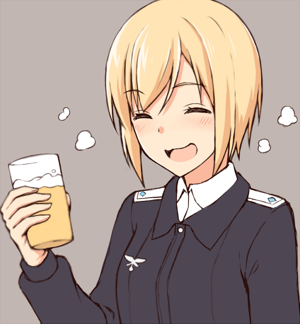 1girl ^_^ alcohol beer blonde_hair closed_eyes cup erica_hartmann grey_background military military_uniform momiji7728 open_mouth short_hair simple_background solo strike_witches uniform wavy_mouth world_witches_series