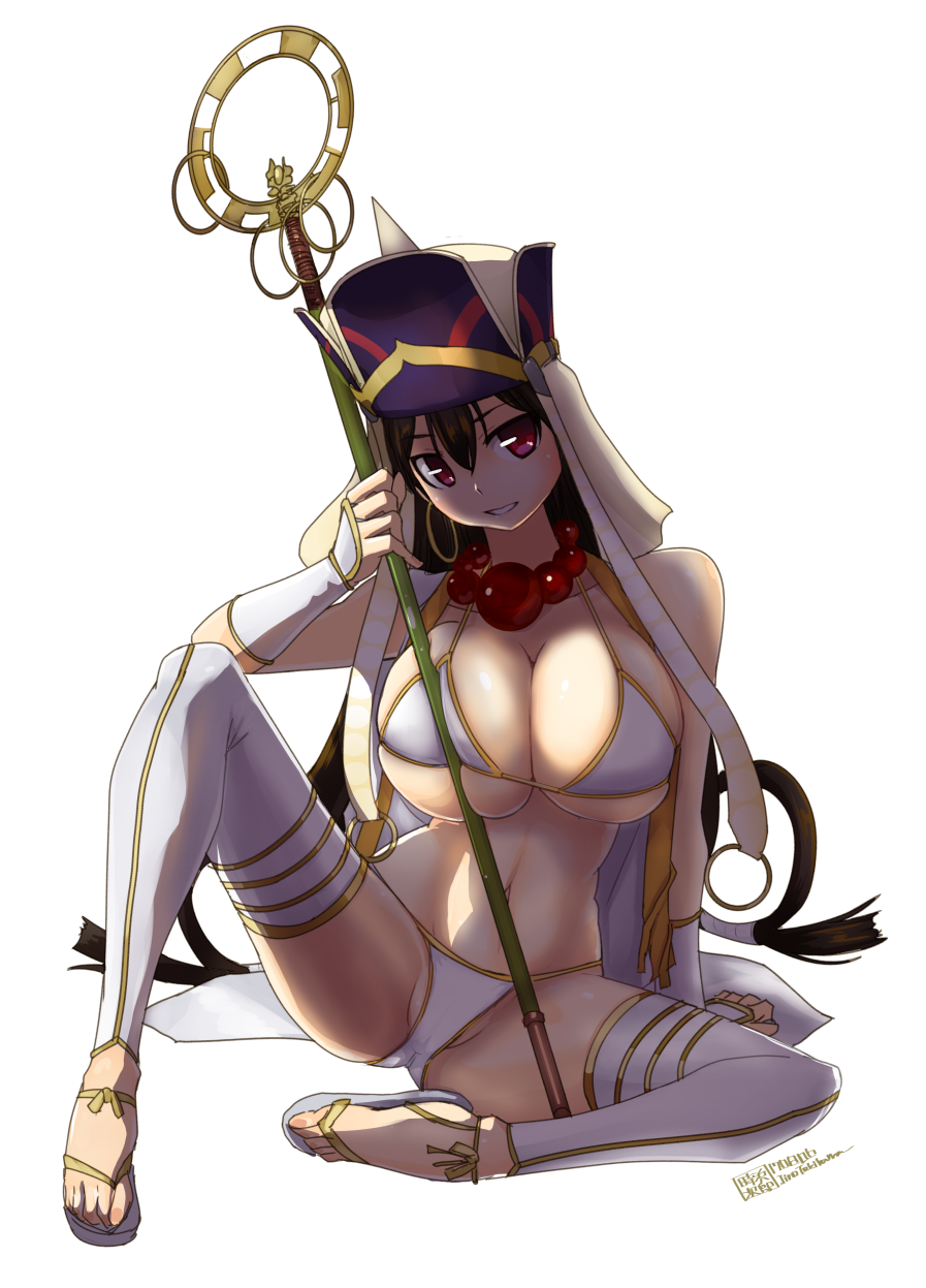 1girl arm_support bare_shoulders bikini black_hair breasts cleavage earrings fate/grand_order fate_(series) hat highres hoop_earrings huge_breasts jewelry knee_up long_hair navel red_eyes revision simple_background smile solo staff swimsuit thigh-highs thighs tokihama_jirou white_background white_legwear xuanzang_(fate/grand_order)