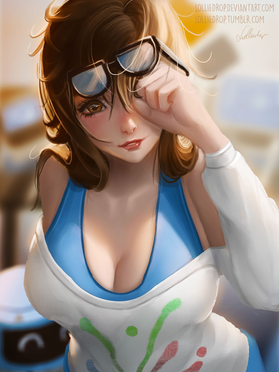 1girl artist_name black-framed_eyewear blue_shirt blurry blurry_background breasts brown_eyes brown_hair cleavage collarbone drone eyelashes glasses glasses_on_head hair_down highres large_breasts lips lolliedrop long_sleeves looking_at_viewer medium_hair mei_(overwatch) overwatch parted_lips print_shirt rise_and_shine_mei robot rubbing_eyes shirt signature smile snowball_(overwatch) solo tank_top undershirt upper_body watermark web_address white_shirt