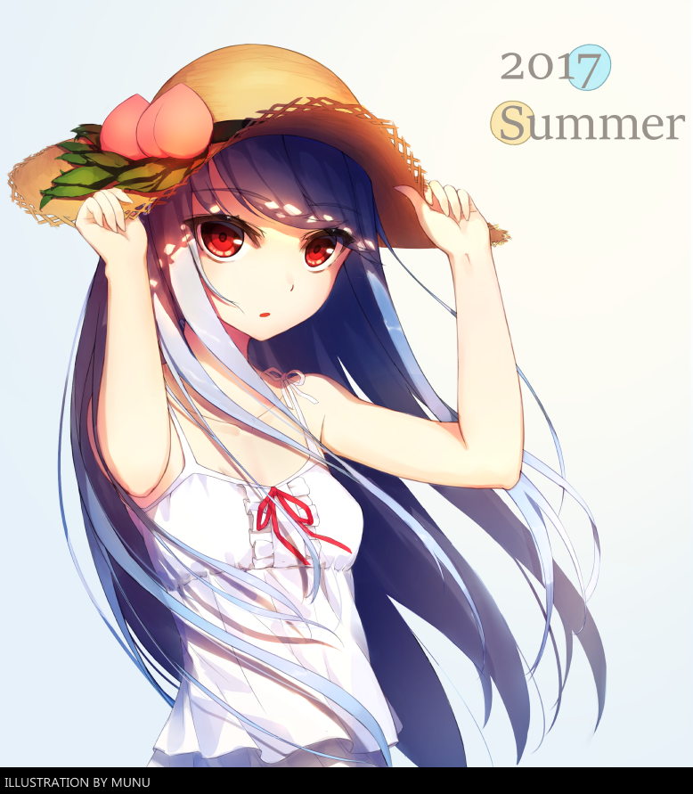 1girl alternate_costume artist_name bare_arms bare_shoulders blue_hair collarbone dress food fruit hat hinanawi_tenshi long_hair munuu peach red_eyes red_ribbon ribbon solo touhou white_dress