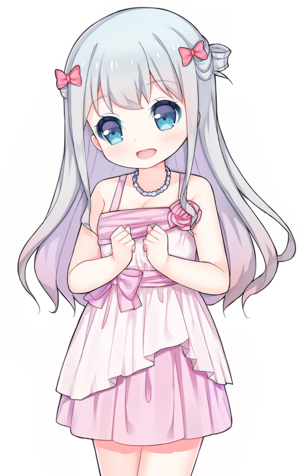 1girl :d bangs bare_arms bare_shoulders blue_eyes blush bow breasts cleavage clenched_hands cowboy_shot dress eromanga_sensei eyebrows_visible_through_hair flower formal grey_hair hair_bow head_tilt izumi_sagiri jewelry layered_dress long_hair looking_at_viewer necklace open_mouth pearl_necklace pink_bow pink_dress pink_rose rose simple_background sleeveless sleeveless_dress small_breasts smile solo standing tareme tengxiang_lingnai white_background