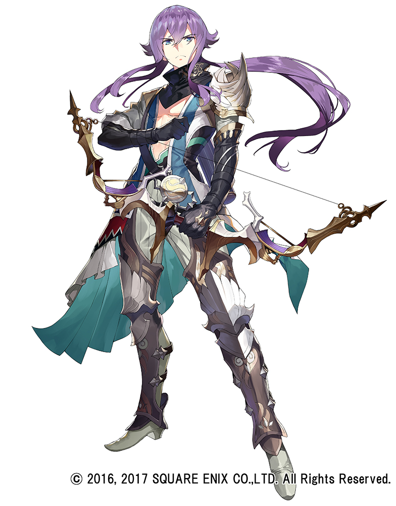 &gt;:( 1boy armor black_gloves blue_eyes bow_(weapon) closed_mouth coat commentary_request elbow_gloves eyebrows_visible_through_hair frown full_body gloves grimms_notes hair_between_eyes holding holding_bow_(weapon) holding_weapon legs_apart long_hair looking_at_viewer male_focus matsui_hiroaki official_art open_clothes open_shirt pants purple_hair robin_hood_(grimms_notes) scarf shirt simple_background solo standing watermark weapon white_background