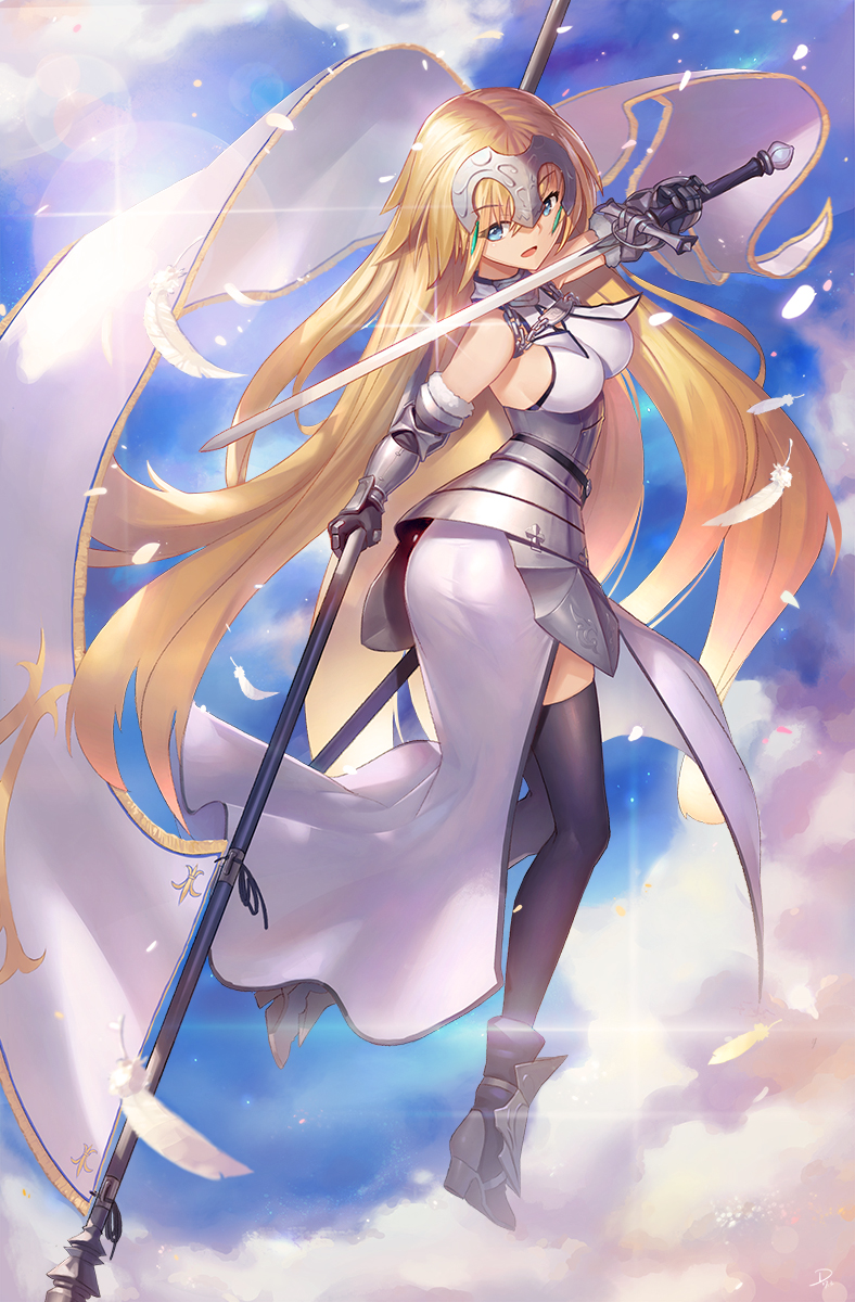 1girl armor armored_dress blue_eyes blue_sky breasts clouds day detached_sleeves duan_henglong fate/apocrypha fate/grand_order fate_(series) gloves hair_between_eyes headphones highres large_breasts long_hair looking_at_viewer revision ruler_(fate/apocrypha) sideboob skindentation sky standard_bearer sword thigh-highs thighs weapon