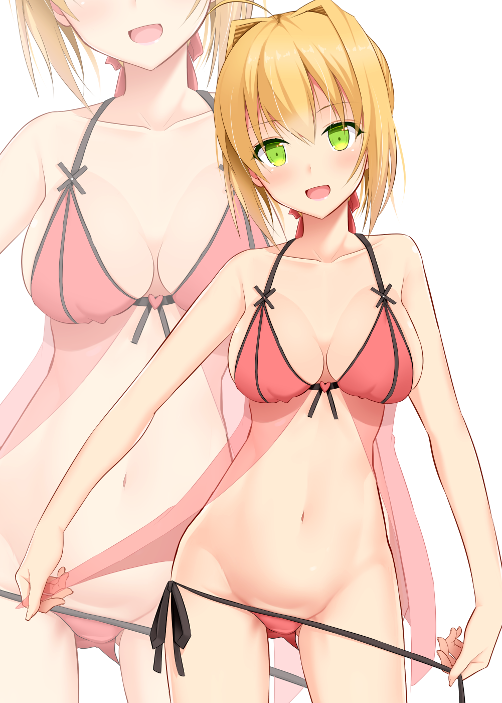 1girl :d ahoge babydoll blonde_hair breasts cowboy_shot fate/extra fate_(series) front-tie_top gluteal_fold green_eyes hair_intakes hair_ribbon highres large_breasts lingerie looking_at_viewer lowleg lowleg_panties navel open_mouth panties panty_pull ribbon saber_extra short_hair side-tie_panties simple_background smile solo takeyuu underwear underwear_only untied untied_panties white_background zoom_layer