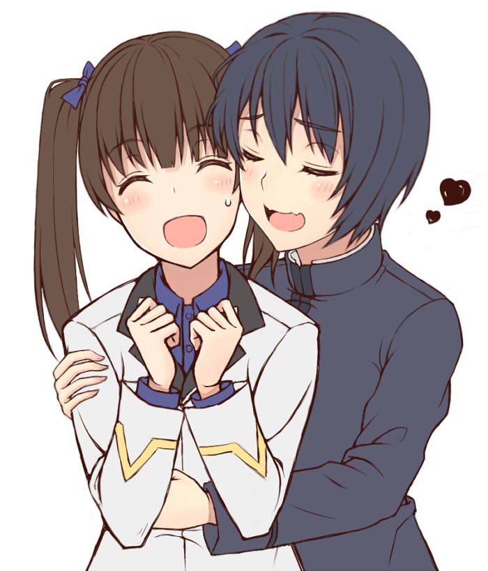 2girls black_hair blush bow brave_witches brown_hair closed_eyes georgette_lemare hair_bow heart hug hug_from_behind military military_uniform momiji7728 multiple_girls open_mouth shimohara_sadako sweatdrop twintails uniform wavy_mouth world_witches_series yuri