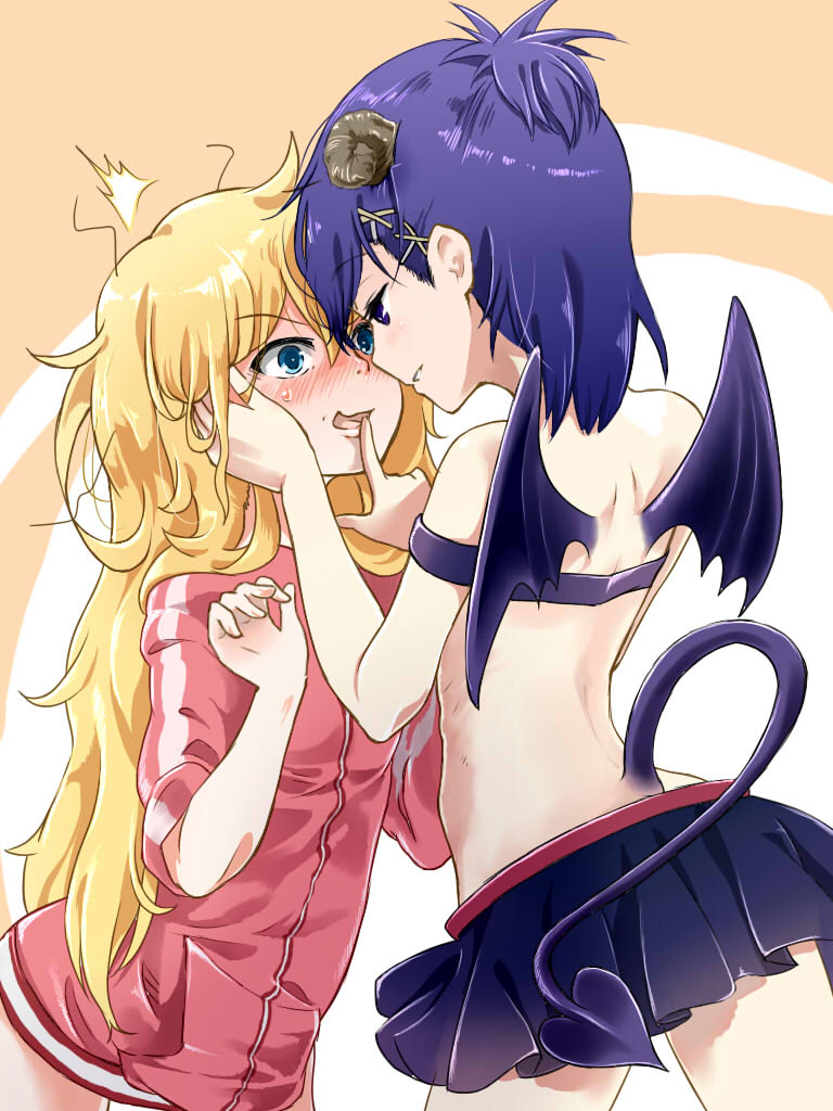 /\/\/\ 2girls aqua_eyes back bare_shoulders blonde_hair blue_eyes blue_hair blush commentary_request demon_girl demon_horns demon_tail demon_wings finger_to_another's_mouth forehead-to-forehead frown gabriel_dropout hair_ornament hallelujah_essaim holding_face horns imminent_kiss jacket long_hair messy_hair miniskirt multiple_girls open_mouth parted_lips profile revision sazanka short_hair skirt strapless tail tenma_gabriel_white track_jacket tsukinose_vignette_april tubetop wings x_hair_ornament you_gonna_get_raped yuri